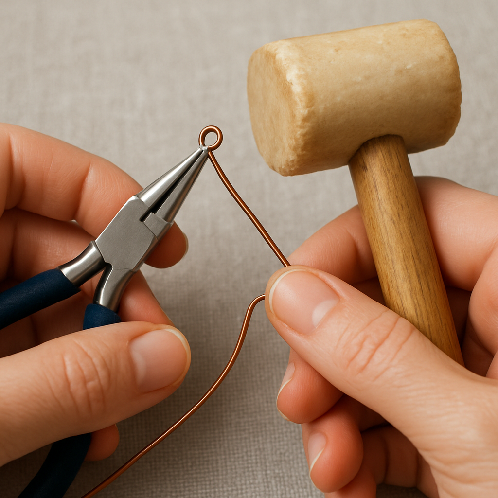 A close‑up of hands performing a basic wire loop technique on copper wire, showing pliers and rawhide hammer. Alt: wire wrapping jewelry tutorial basic loop