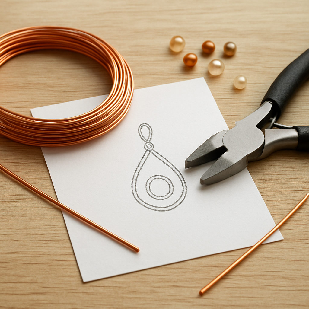 A photorealistic close‑up of a tabletop set up for wire‑wrapping, showing copper wire, flat‑nose pliers, beads, and a sketch of a simple pendant design. Alt: Wire wrapping tools and materials for beginners.
