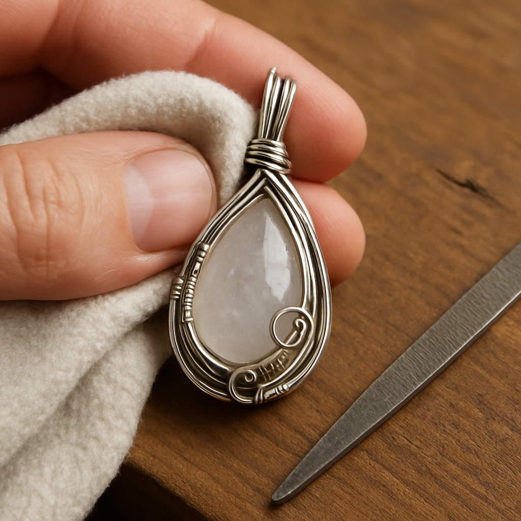 A photorealistic close‑up of a hand polishing a wire‑wrapped pendant with a soft cloth, showing smooth, gleaming wire ends and a tiny file beside it. Alt: wire wrapping techniques for beginners finishing touches and quality check.