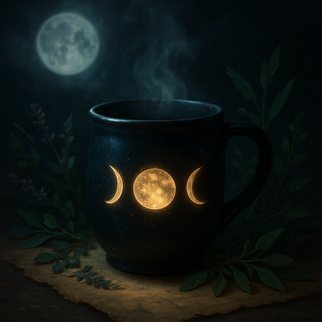 A mystical witchy coffee mug surrounded by moonlit herbs, glowing faintly, set on a parchment background. Alt: Witchy coffee mug with moon phase symbols.