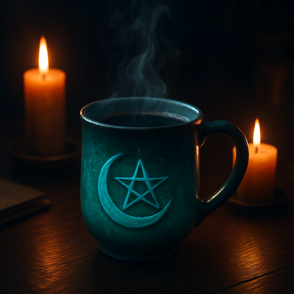 A witchy coffee mug glowing softly on a midnight desk, steam swirling, surrounded by candlelight. Alt: Witchy coffee mug with luminous glaze.