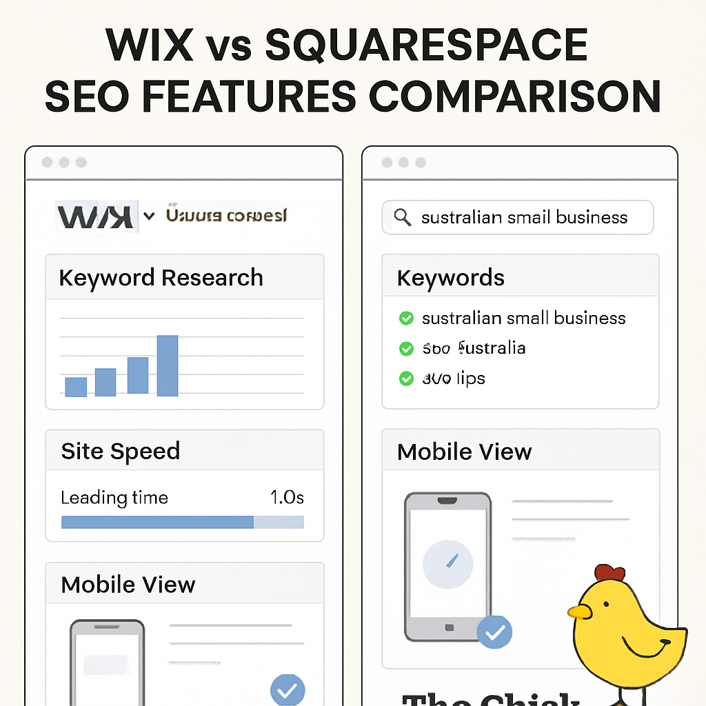 An illustration comparing Wix and Squarespace SEO dashboards, showing keyword research, site speed, and mobile view. Alt: Wix vs Squarespace SEO features comparison.