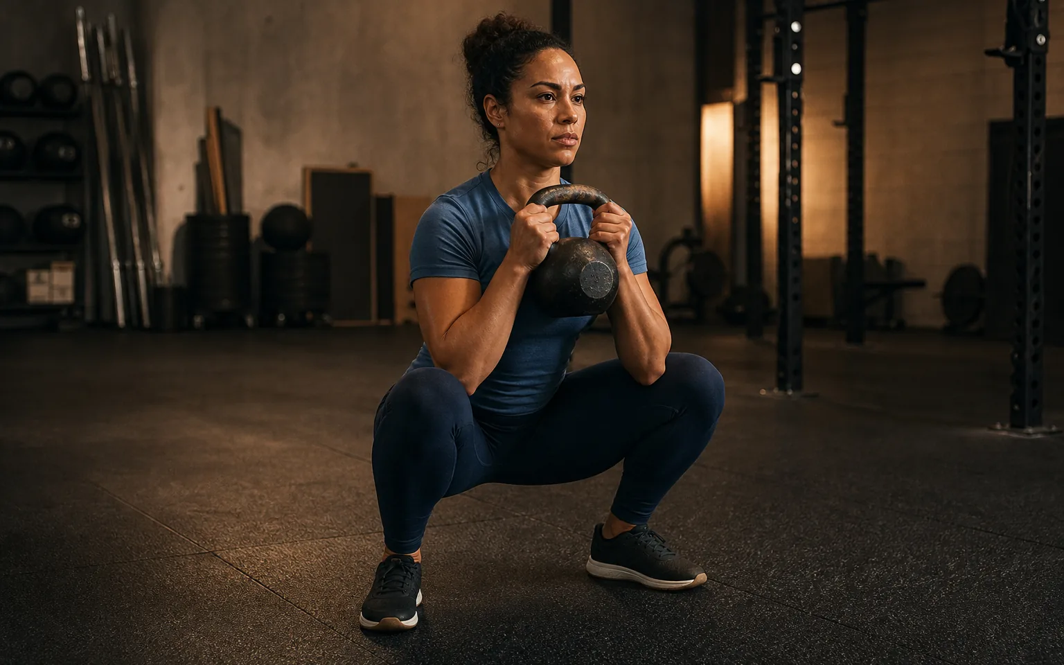 A woman holds a kettlebell at her chest in a deep goblet squat.