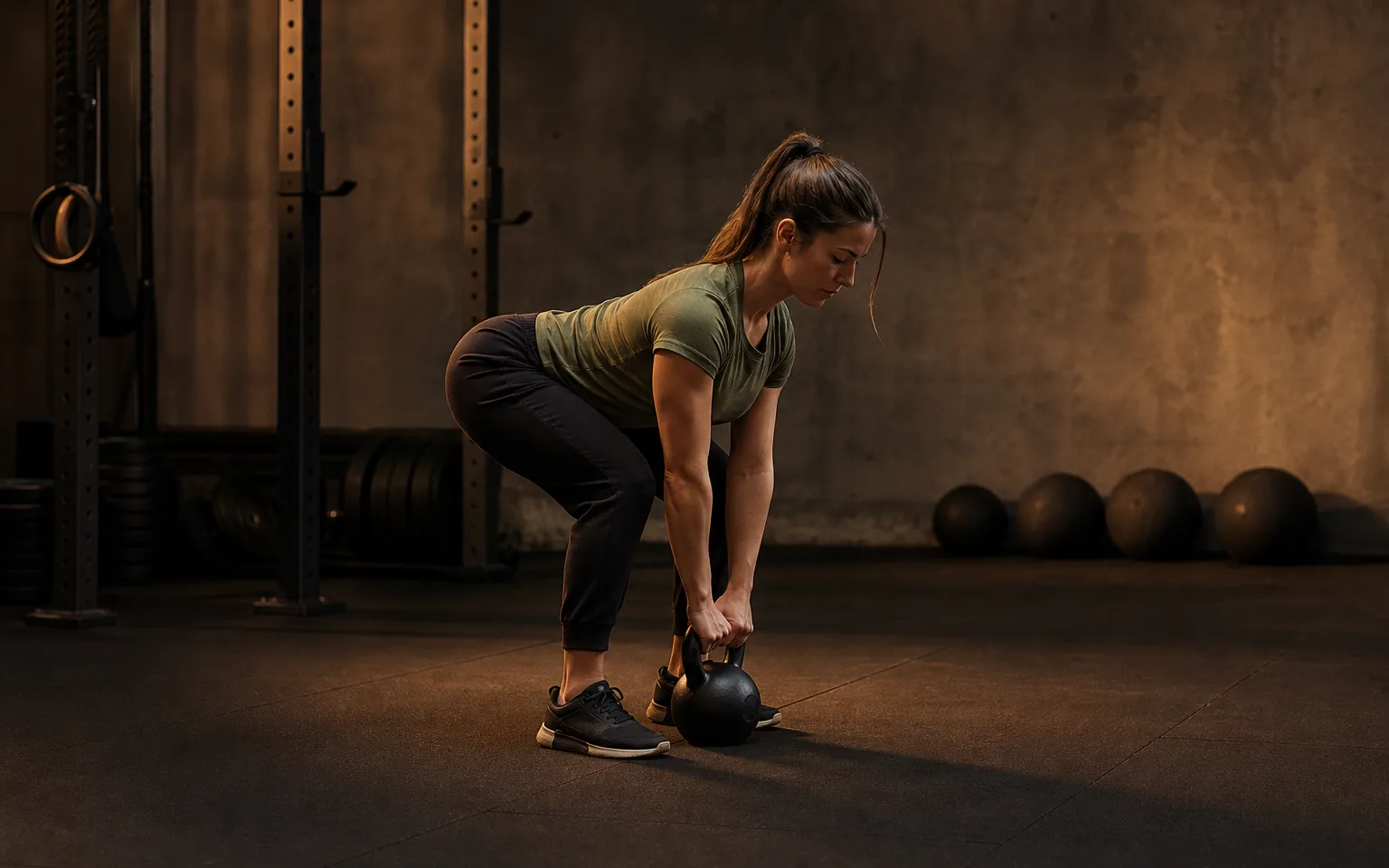 A woman hinges to lift a kettlebell positioned between her feet.