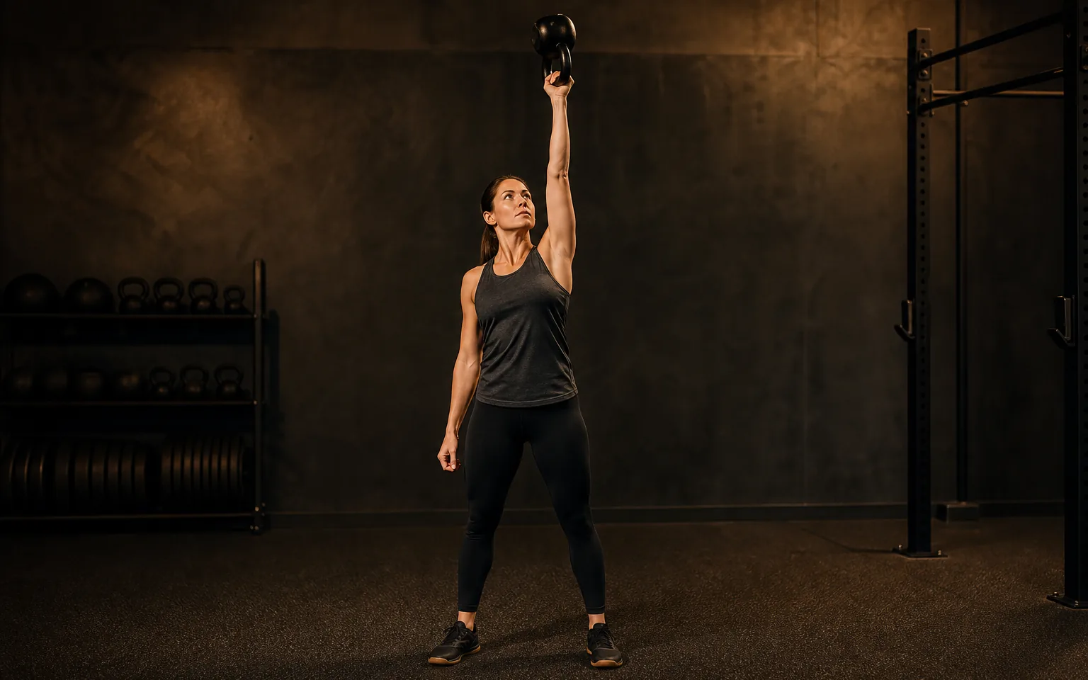 A woman presses a kettlebell overhead with her arm locked out.
