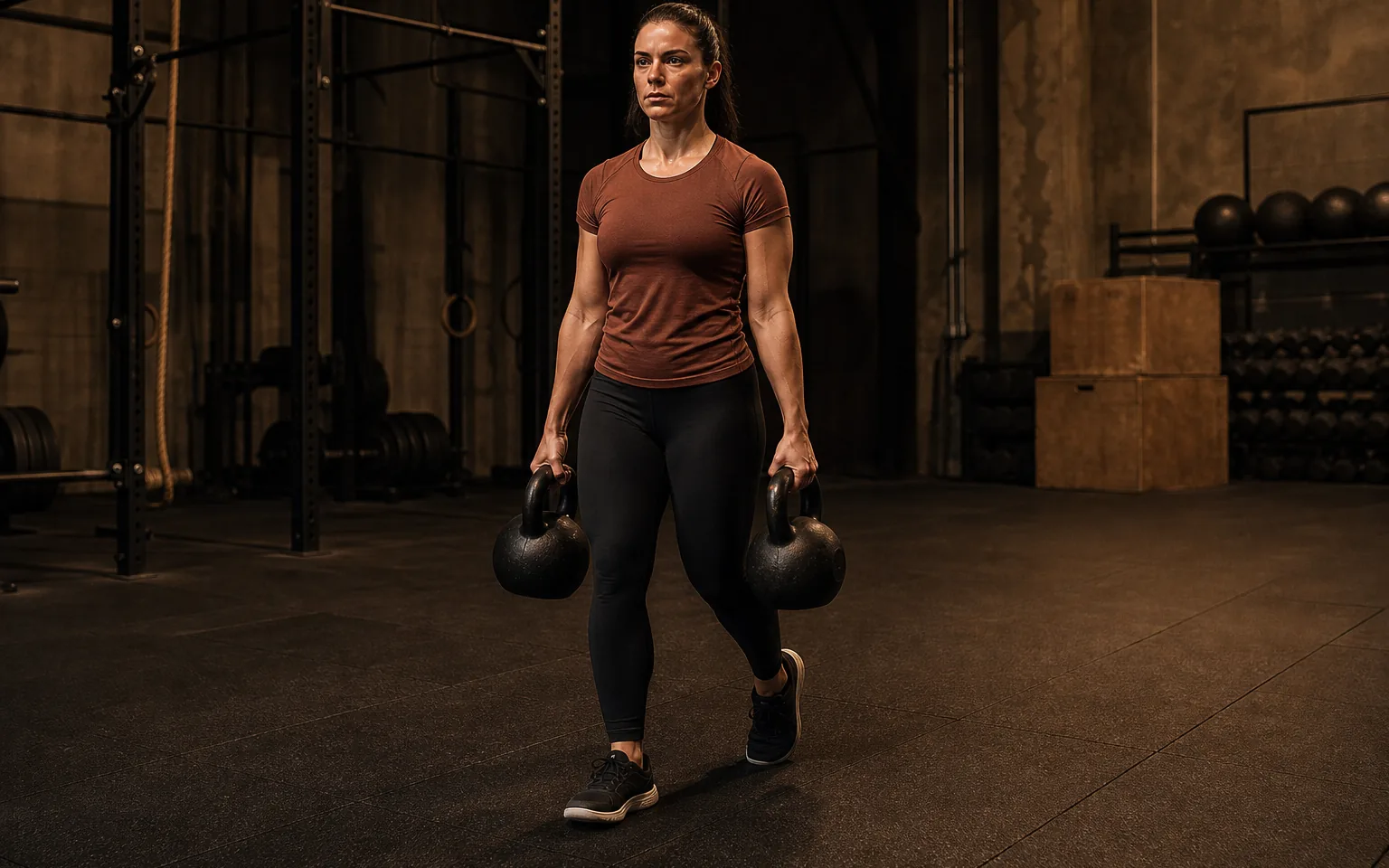 A woman walks with a kettlebell in each hand during a farmer’s carry.