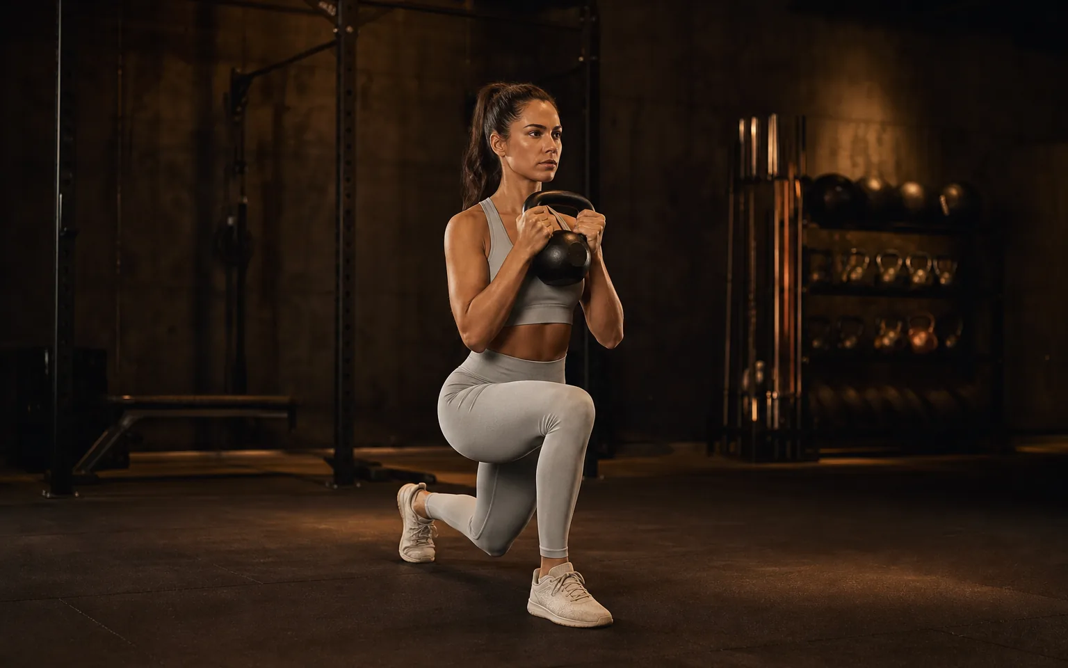 A woman holds a kettlebell at her chest in the bottom of a reverse lunge.