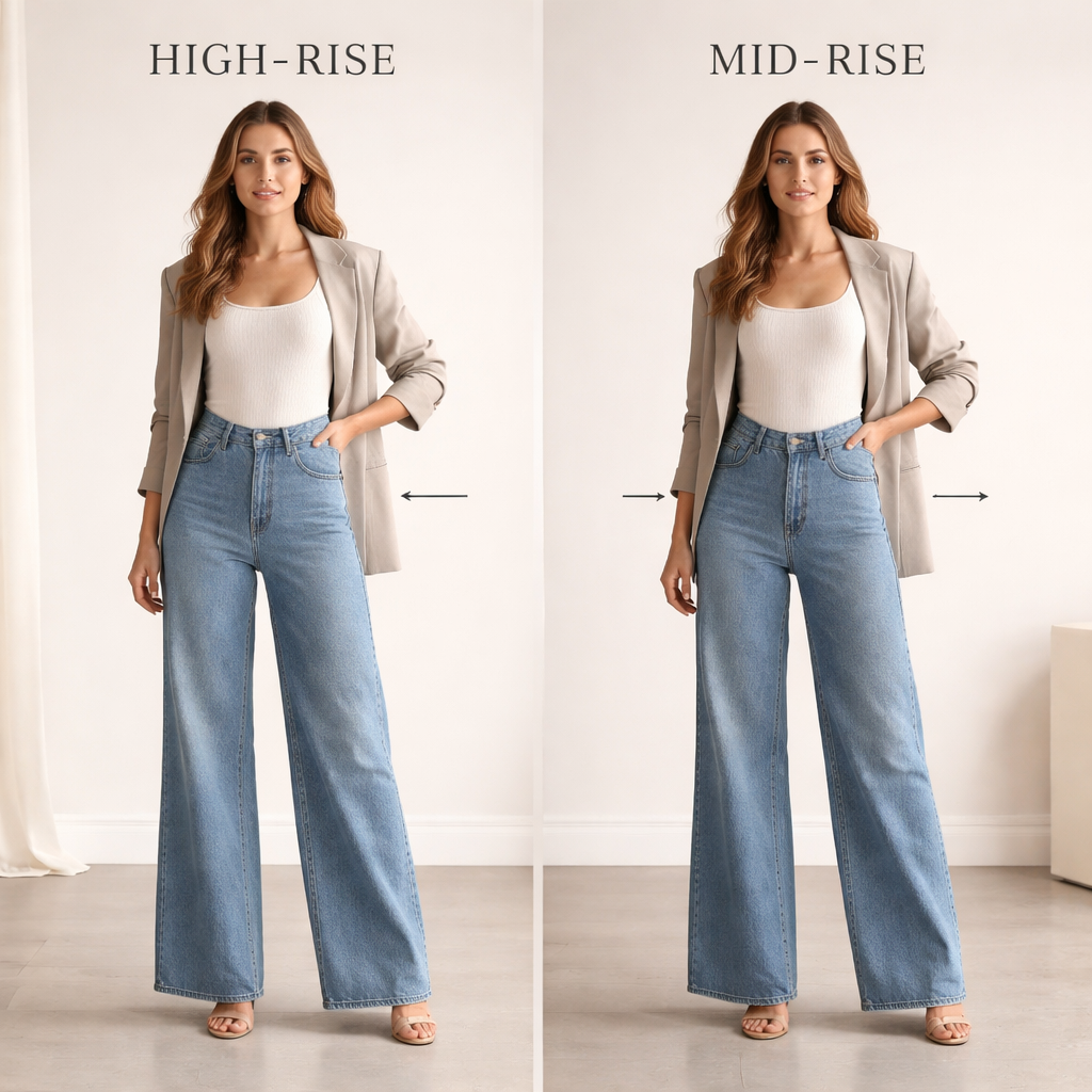 A side-by-side comparison showing how different rise heights affect body proportions, with models wearing high-rise and mid-rise wide leg jeans in a clean studio setting. Alt: women's high waist wide leg jeans rise height comparison showing flattering fit differences