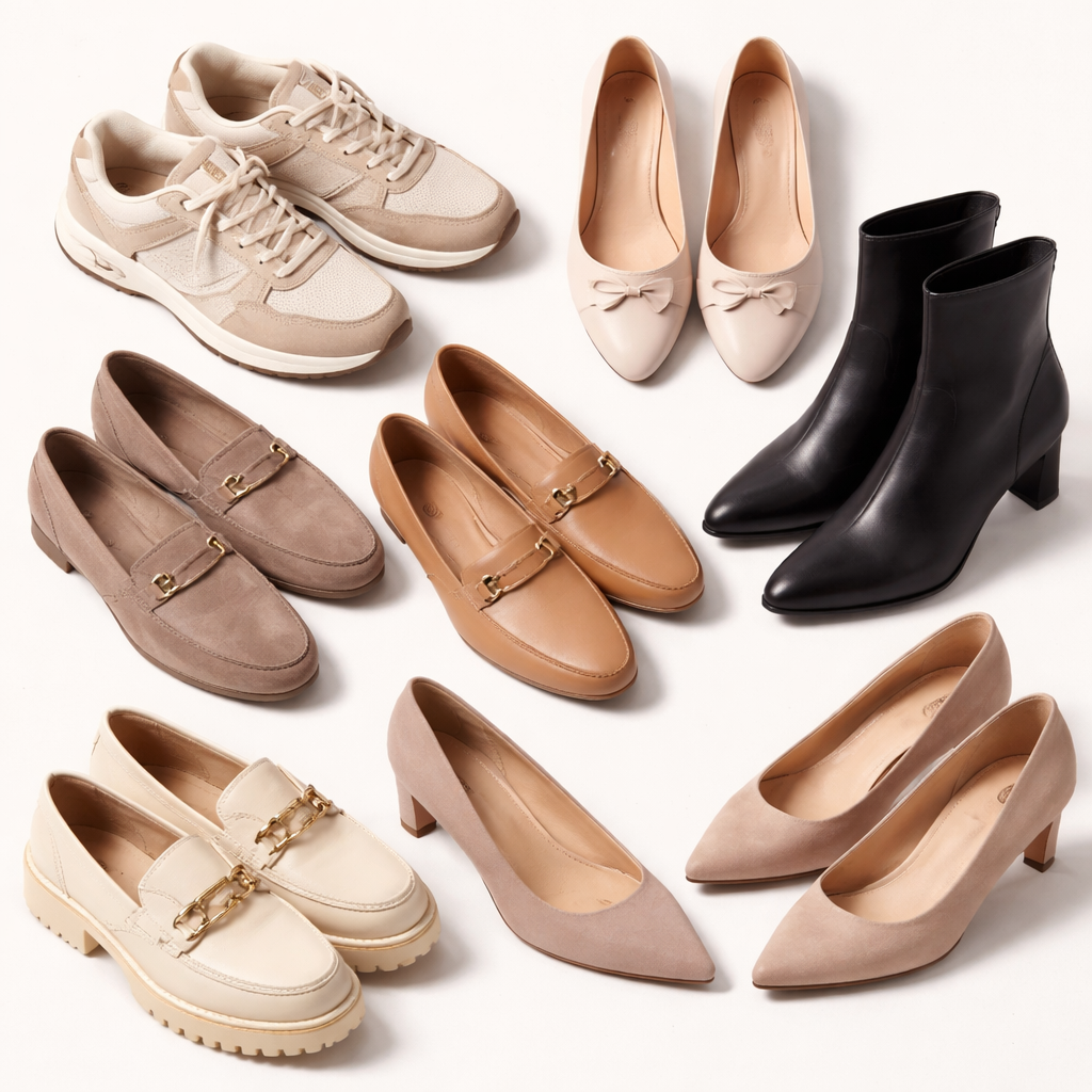 A collection of different shoe styles arranged on a white background showing sneakers, ballet flats, heeled boots, and loafers that pair well with wide leg jeans. Alt: best footwear options for styling women's high waist wide leg jeans including flats heels and sneakers