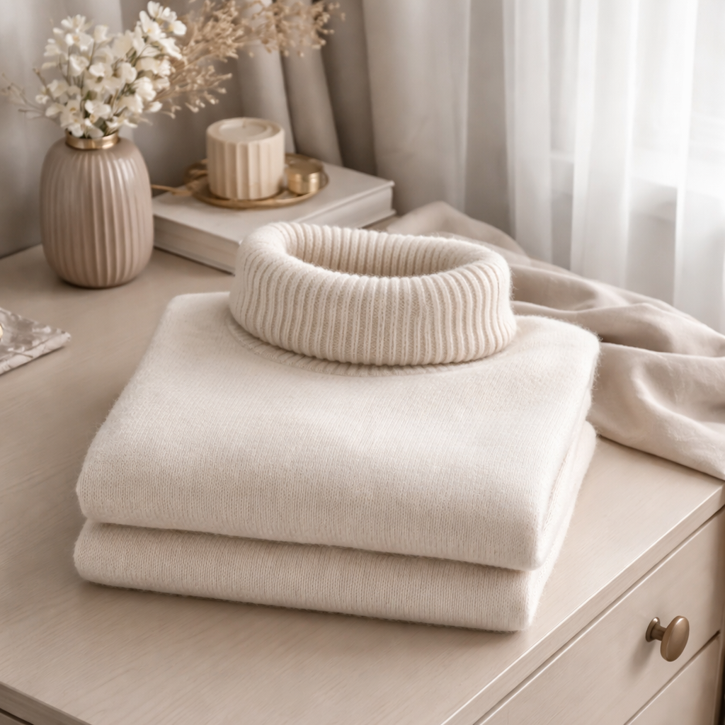 A realistic scene of a neatly folded oversized turtleneck sweater on a wooden dresser, soft daylight, showing proper storage method. Alt: women’s oversized turtleneck sweater storage guide