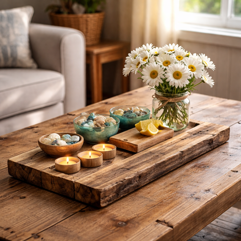 A photorealistic scene of a living‑room coffee table featuring a reclaimed barn‑wood slab centerpiece, with wooden tealight holders, sea‑glass bowls, fresh wooden daisies, and a small cutting board nestled in a shallow groove; natural light streams through a nearby window, highlighting the warm grain of the wood and creating a cozy, Maritime‑inspired ambience. Alt: DIY wooden centerpiece ideas for living room gatherings and everyday charm.