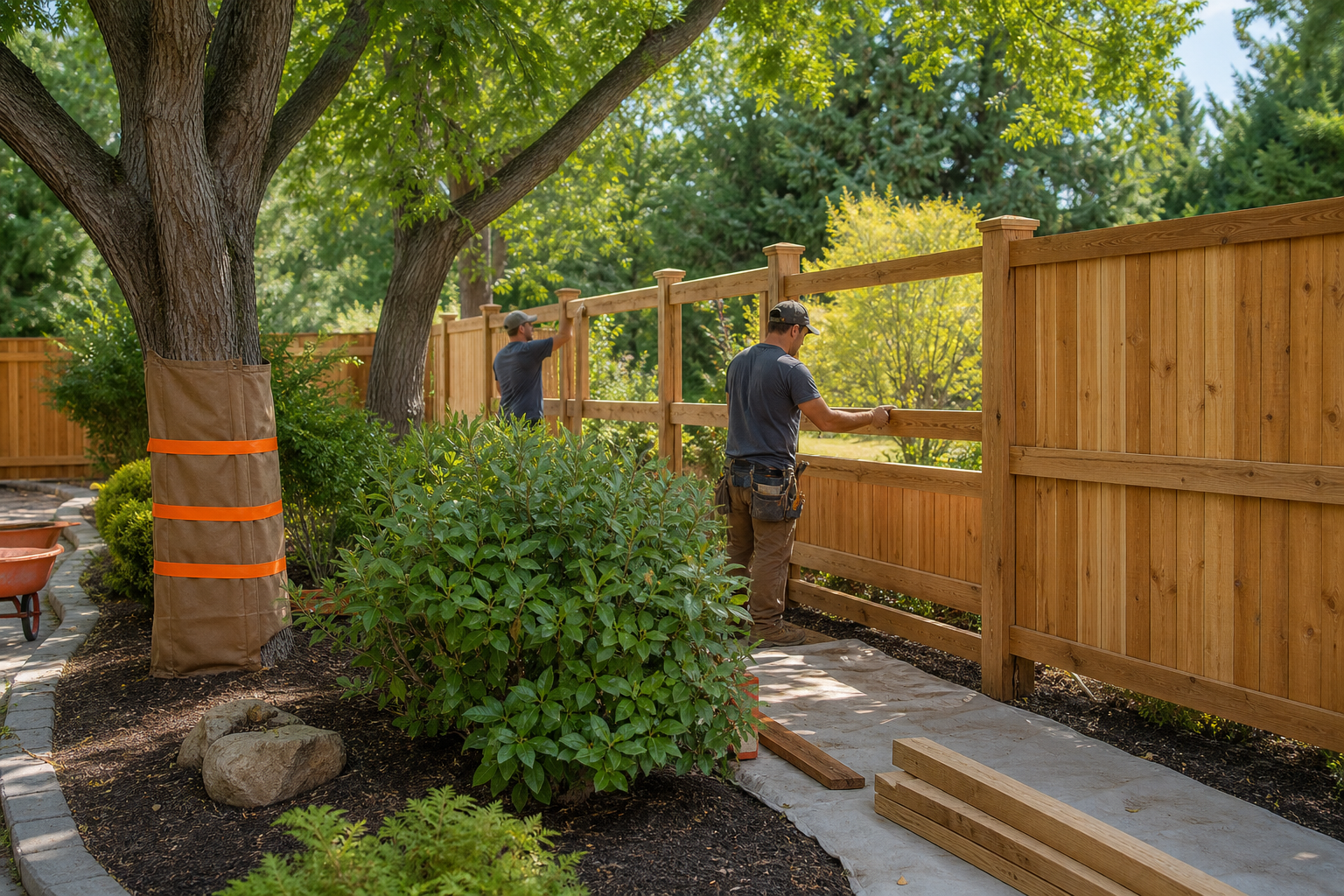 Top Wood Fence Installers Near Me: Hiring Guide 2 wood fence installation protecting trees plants and property