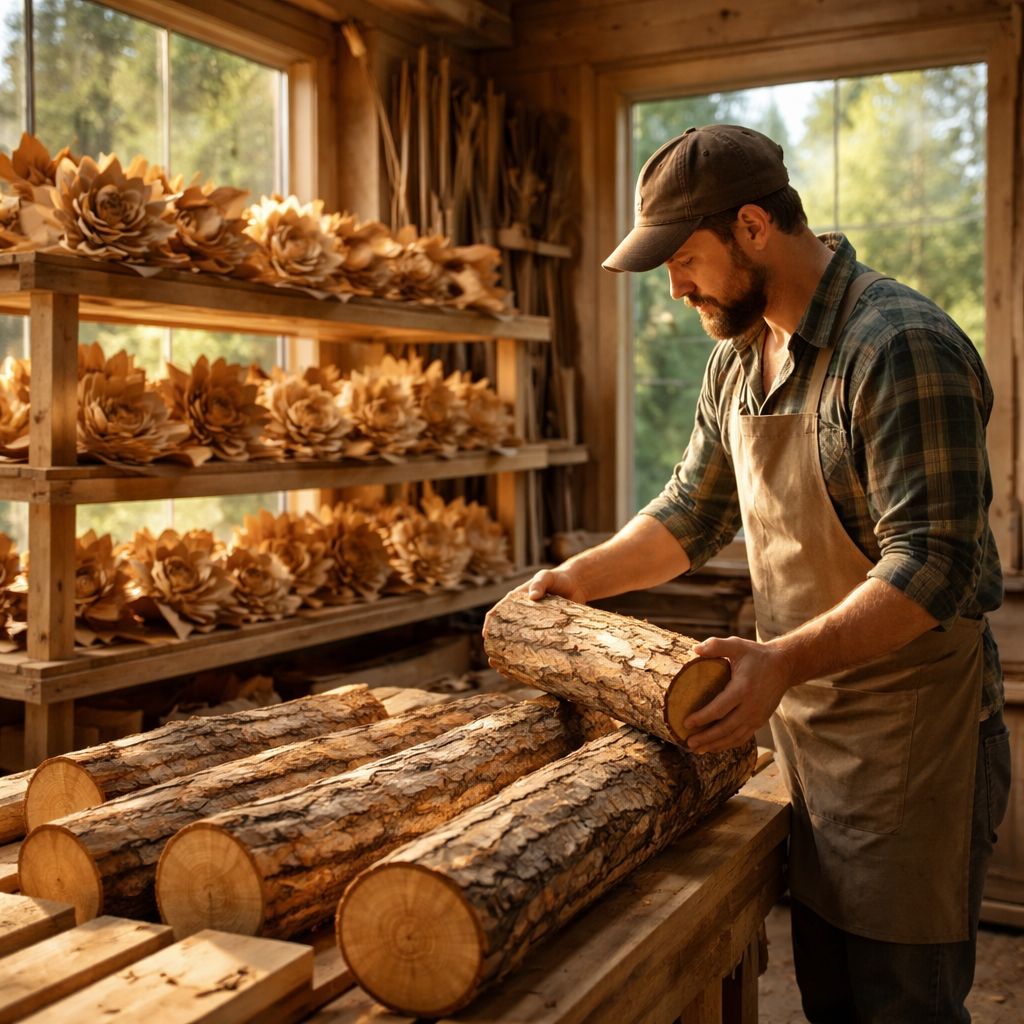 A photorealistic scene of a craftsman selecting responsibly sourced pine logs in a sunny Nova Scotia workshop, with wooden flower art pieces drying on a rack. Alt: Sustainable wood selection for wood flower art.