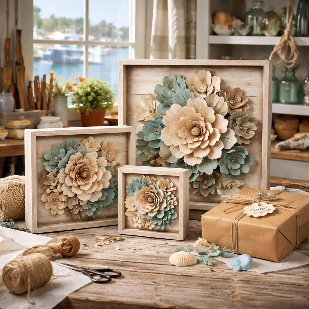 A photorealistic scene inside a Dartmouth workshop showing a trio of wood flower art pieces (small, medium, large) arranged on a weathered wooden table, with kraft packaging and sea-toned petals, ready for gifting. Alt: Gift-ready wood flower art display in a coastal workshop.