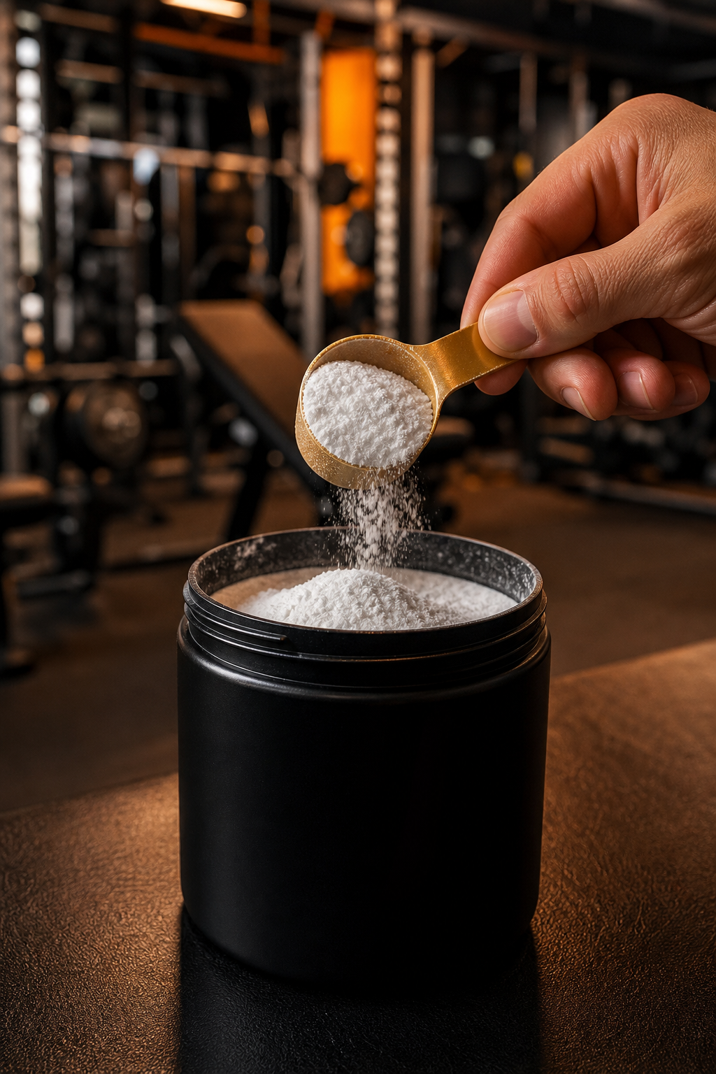 A photorealistic scene of Citrulline Malate powder being scooped with a measuring spoon, gym background blurred, emphasizing its pre-workout and erection benefits. Alt: Citrulline Malate dosage for nitric oxide and stronger erections