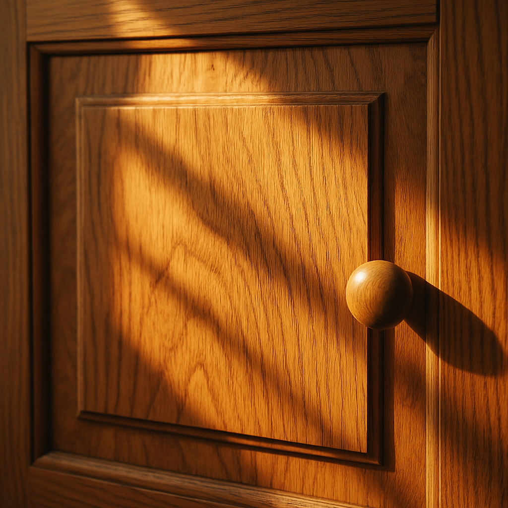 A close‑up of a wooden cabinet door showcasing oak grain with sunlight filtering through a window. Alt: Wooden cabinet oak grain close-up