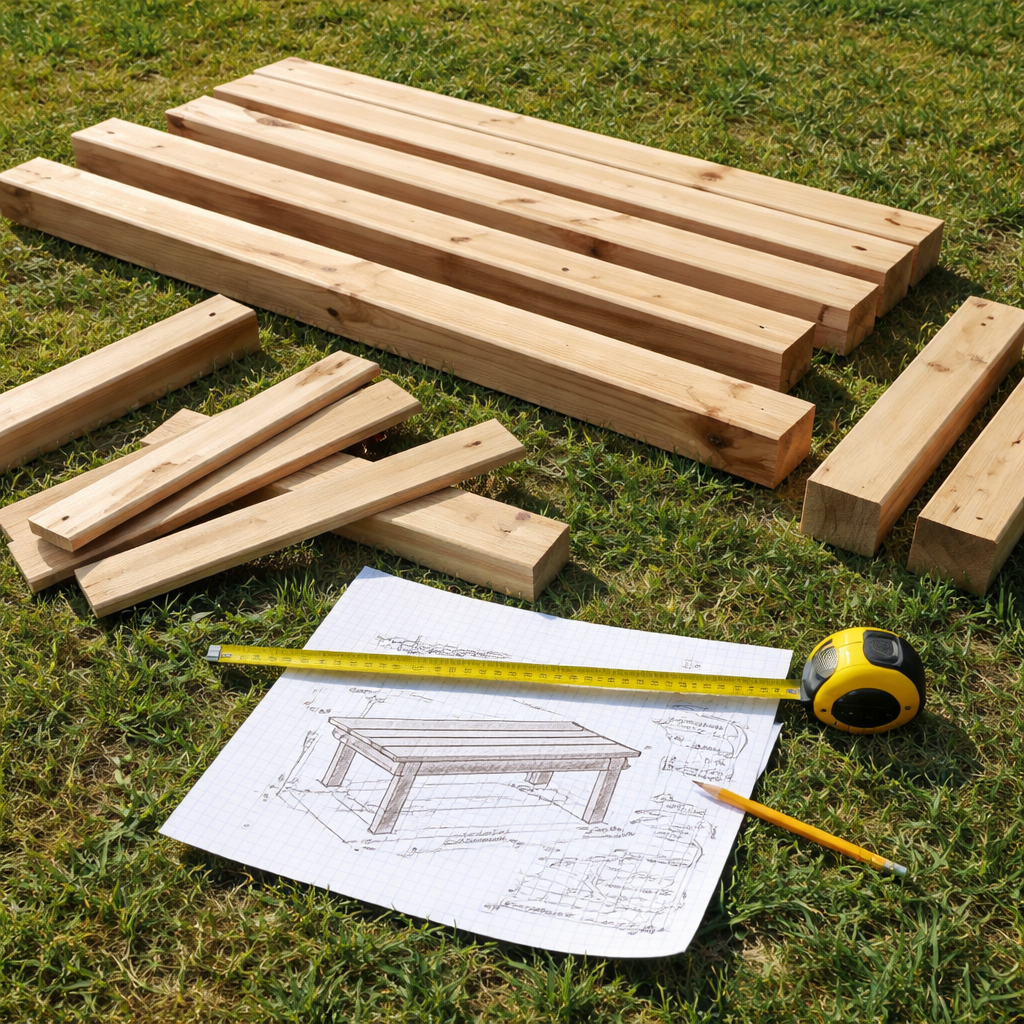 A realistic photo of a hand‑drawn sketch of a wooden garden bench plan spread on a wooden workbench, sunlight filtering through a Nova Scotia garden. Alt: wooden garden bench plans sketch.
