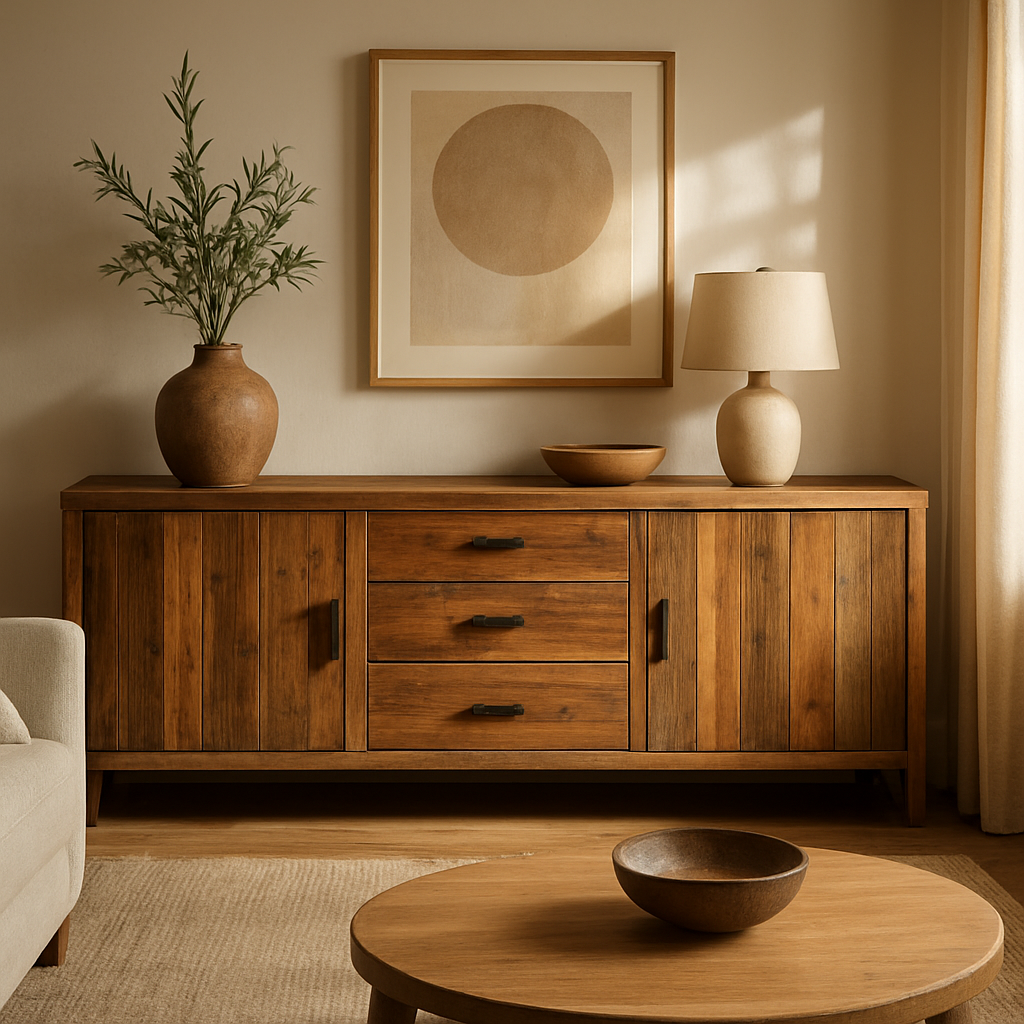 A wooden sideboard crafted from reclaimed timber with a sleek, low‑VOC finish displayed in a sunlit living room. Alt: Reclaimed timber sideboard with low‑VOC finish.