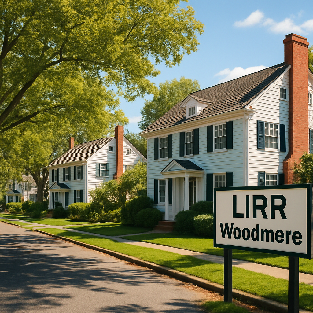 A sunny street in Woodmere with classic colonial homes, leafy trees, and a visible LIRR station sign. Alt: Woodmere NY homes for sale showcase suburban charm and commuter convenience.