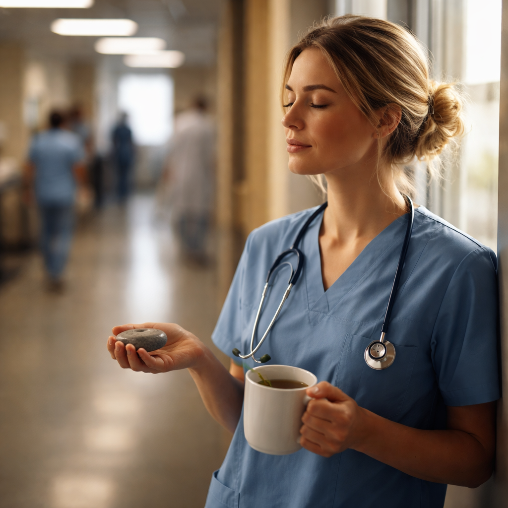 A cinematic, photorealistic scene of a nurse in scrubs stepping away from a busy hospital corridor into a quiet hallway, holding a small smooth stone in one hand, a cup of herbal tea in the other, soft natural light streaming through a window, depth of field emphasizing the calm contrast to the bustling background. Alt: Nurse practicing quick stress‑relief techniques during a shift.