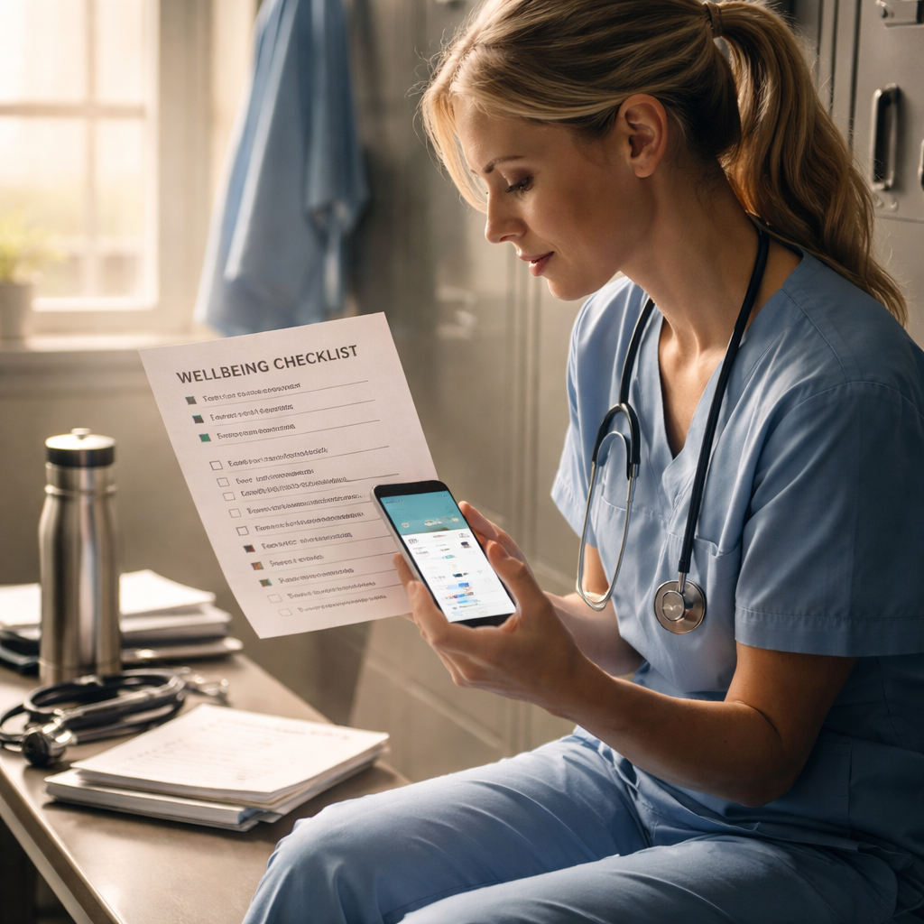 A cinematic, photorealistic scene of a nurse in scrubs sitting at a hospital locker, reviewing a printable wellbeing checklist and a phone habit‑tracker app, soft morning light filtering through a window, depth of field highlighting the tools and a calm expression. Alt: Nurse using resources for work life balance.