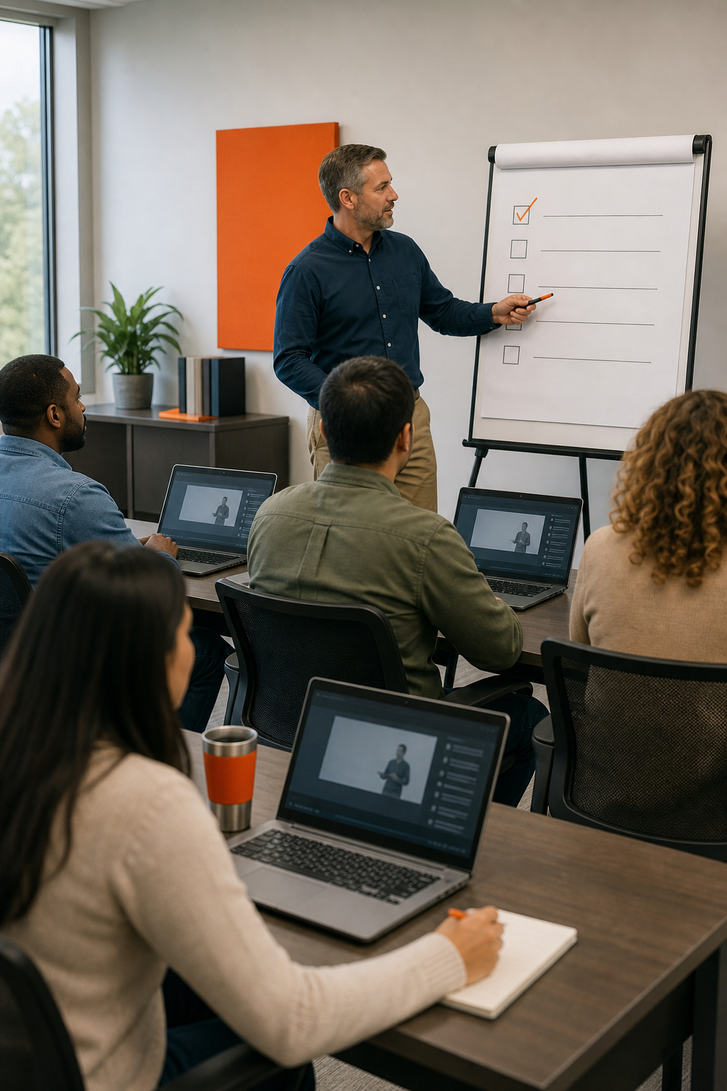 A realistic classroom where adult learners view a Skillsoft course on a laptop, with a trainer pointing at a compliance checklist. Alt: Skillsoft workforce training environment