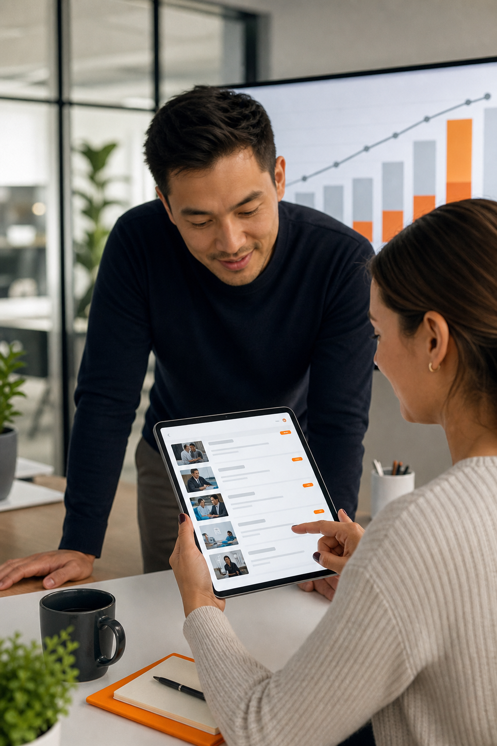 A modern office scene where employees view Docebo’s AI‑driven learning suggestions on a tablet, with a chart of skill progression in the background. Alt: Docebo AI learning interface