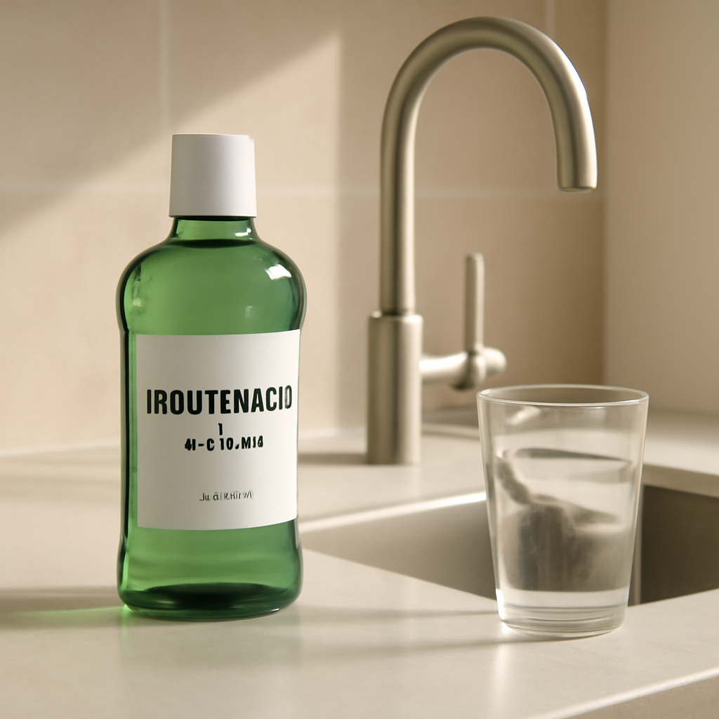 A sleek, modern kitchen sink with a natural green mouthwash bottle on the counter, a clear glass of water beside it, and soft morning light illuminating the scene. Alt: Xylitol mouthwash routine at home.
