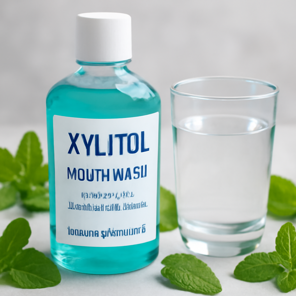 A close‑up of a modern mouthwash bottle with a clear glass of water beside it, surrounded by fresh mint leaves. Alt: Xylitol mouthwash enhancing oral health benefits.