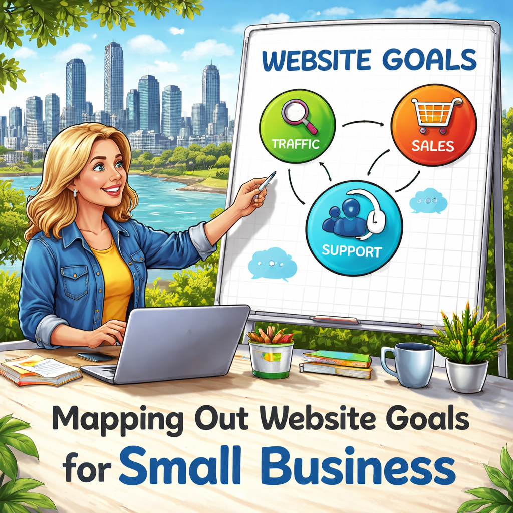 A stylised diagram showing a small business owner mapping out website goals, with icons of traffic, sales, and support, set against a Brisbane skyline backdrop. Alt: Visual guide to defining website objectives for small business.