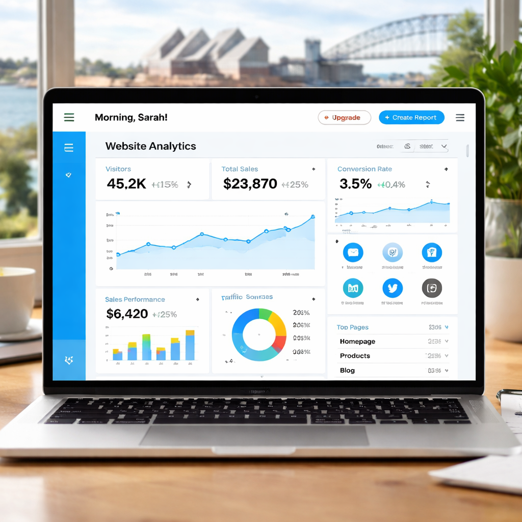 A professional website dashboard showing traffic graphs, sales metrics, and integration icons. Alt: website as a service analytics dashboard.