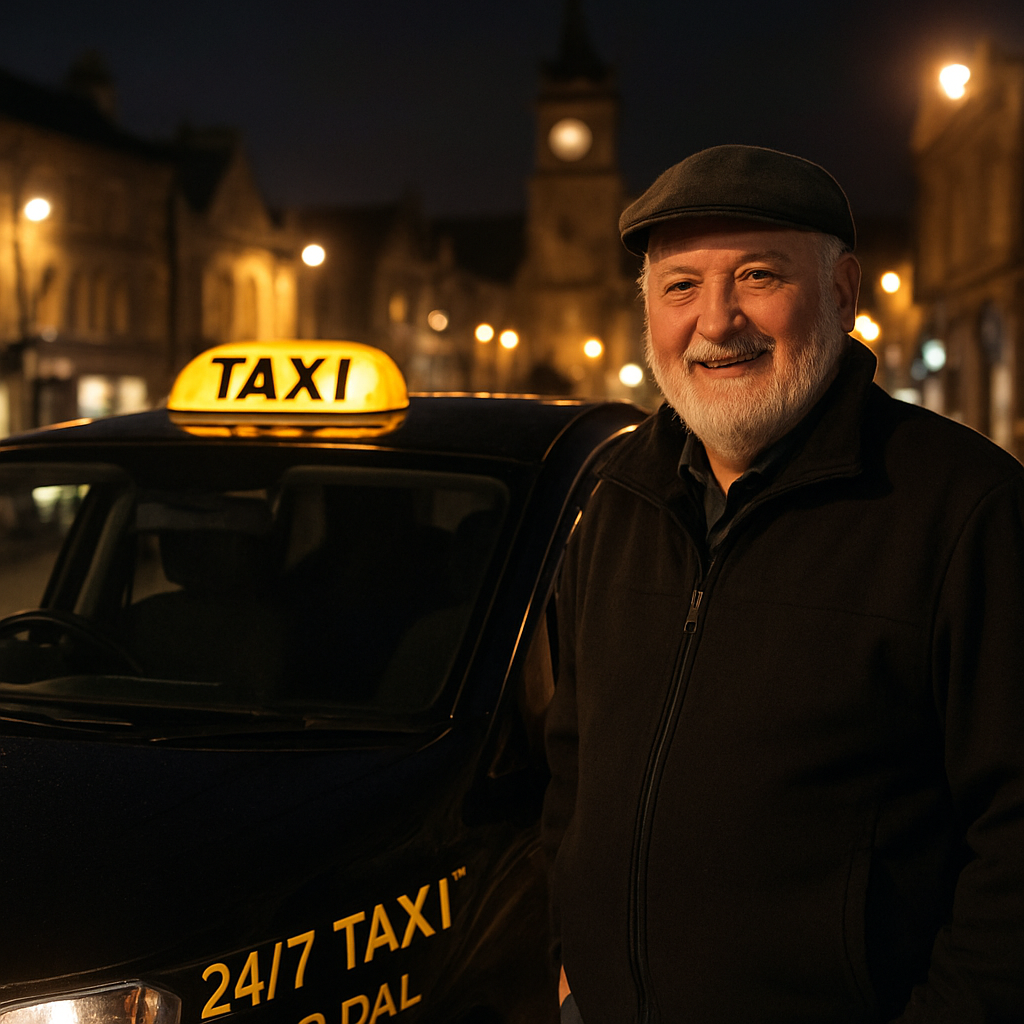 A friendly local taxi driver in Kendal at night, with the town's historic lights in the background. Alt: 24 7 taxi Kendal reliable night service