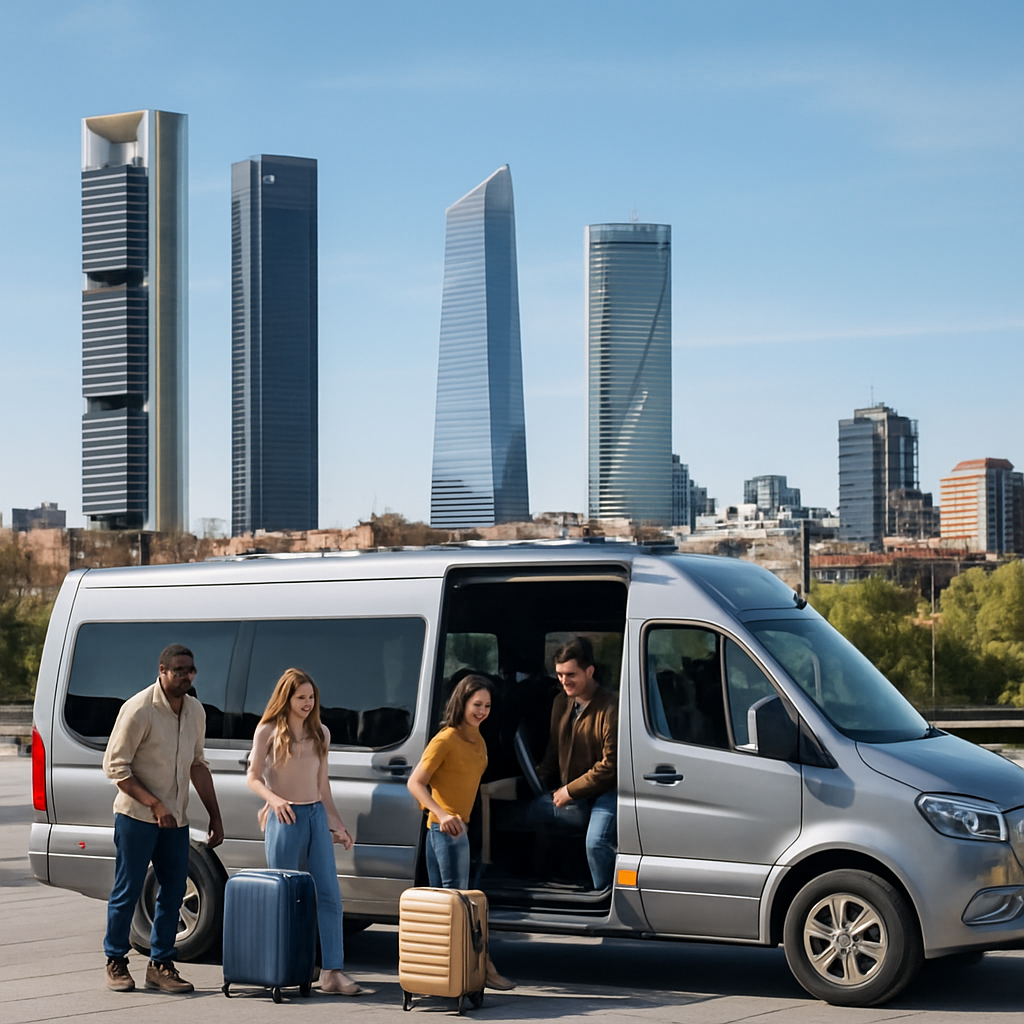 A sleek mid‑size microbus parked in front of Madrid’s city skyline, showing open doors and a diverse group of happy passengers loading luggage. Alt: alquiler microbus Madrid options and interior views.