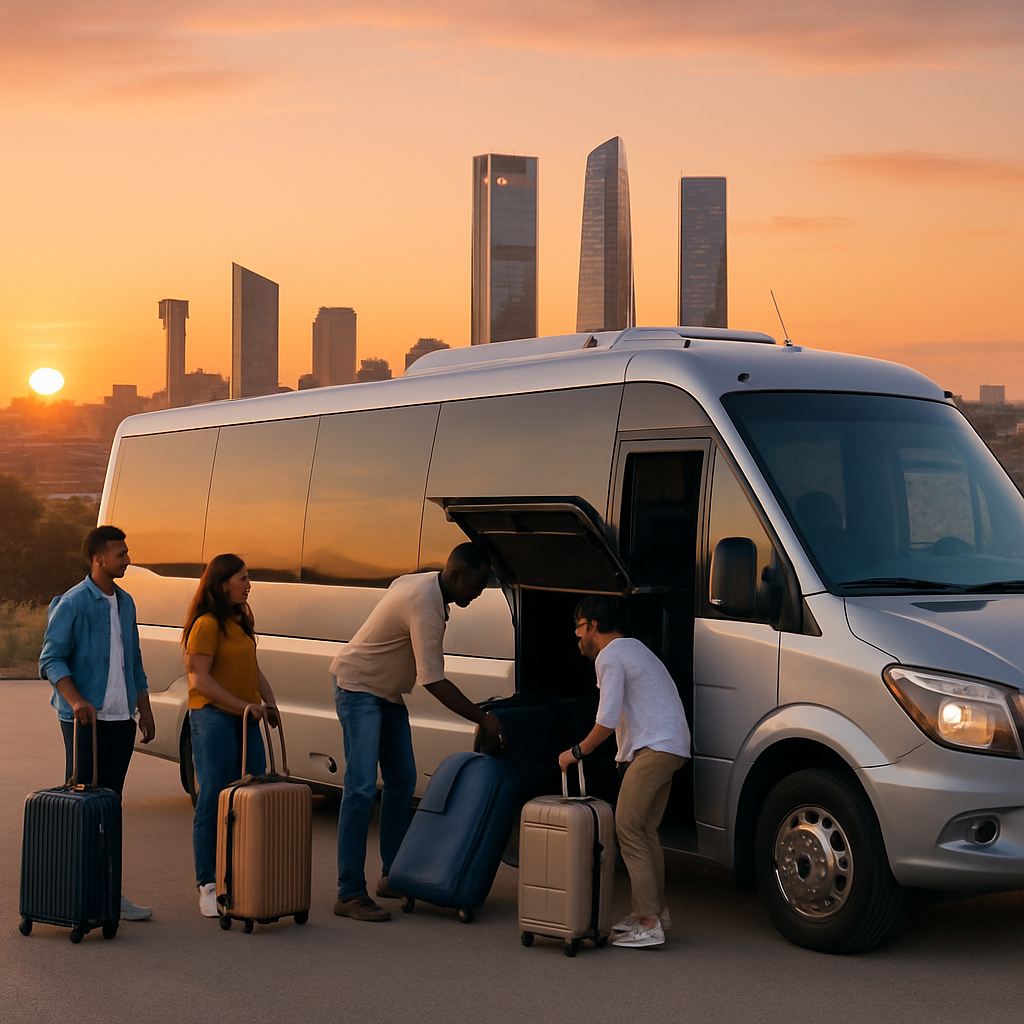 A sleek microbus parked in front of Madrid’s city skyline at sunset, showing a diverse group of passengers loading luggage. Alt: alquiler microbus Madrid cost comparison image.