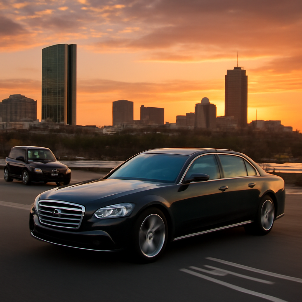 A sleek, leather‑lined sedan cruising along the I‑95 corridor with a sunset backdrop. Alt: Luxury car service journey between Boston and Hartford
