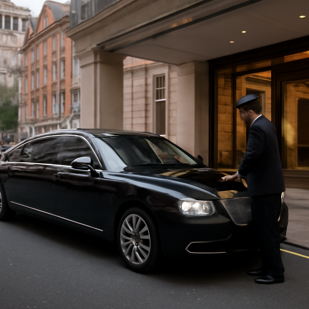 A sleek limousine arriving at a Hartford hotel lobby, interior showing leather seats. Alt: Luxury car service arriving in Hartford.