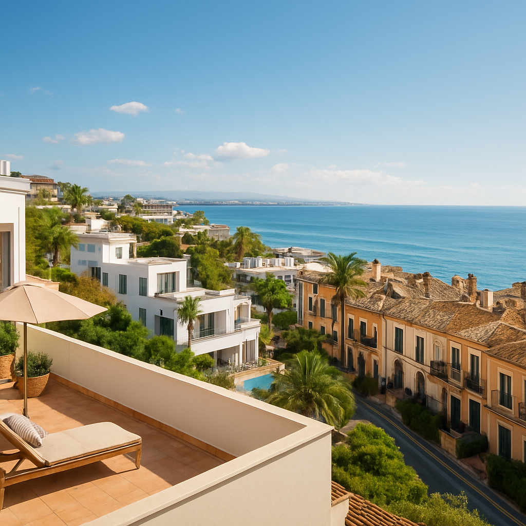 A panoramic view of Estepona’s coastline with a mix of modern villas and historic townhouses, showing a sunny terrace and sea, Alt: Estepona property for sale overview.
