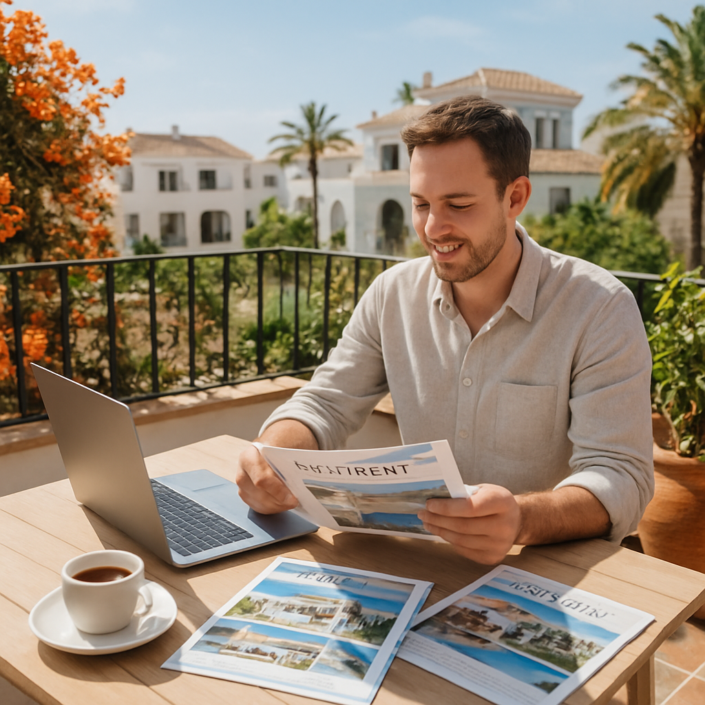 A sunny terrace in Estepona with a laptop, coffee, and property brochures spread out, showing a relaxed buyer reviewing documents. Alt: Buying an Estepona property for sale – relaxed home‑office setting