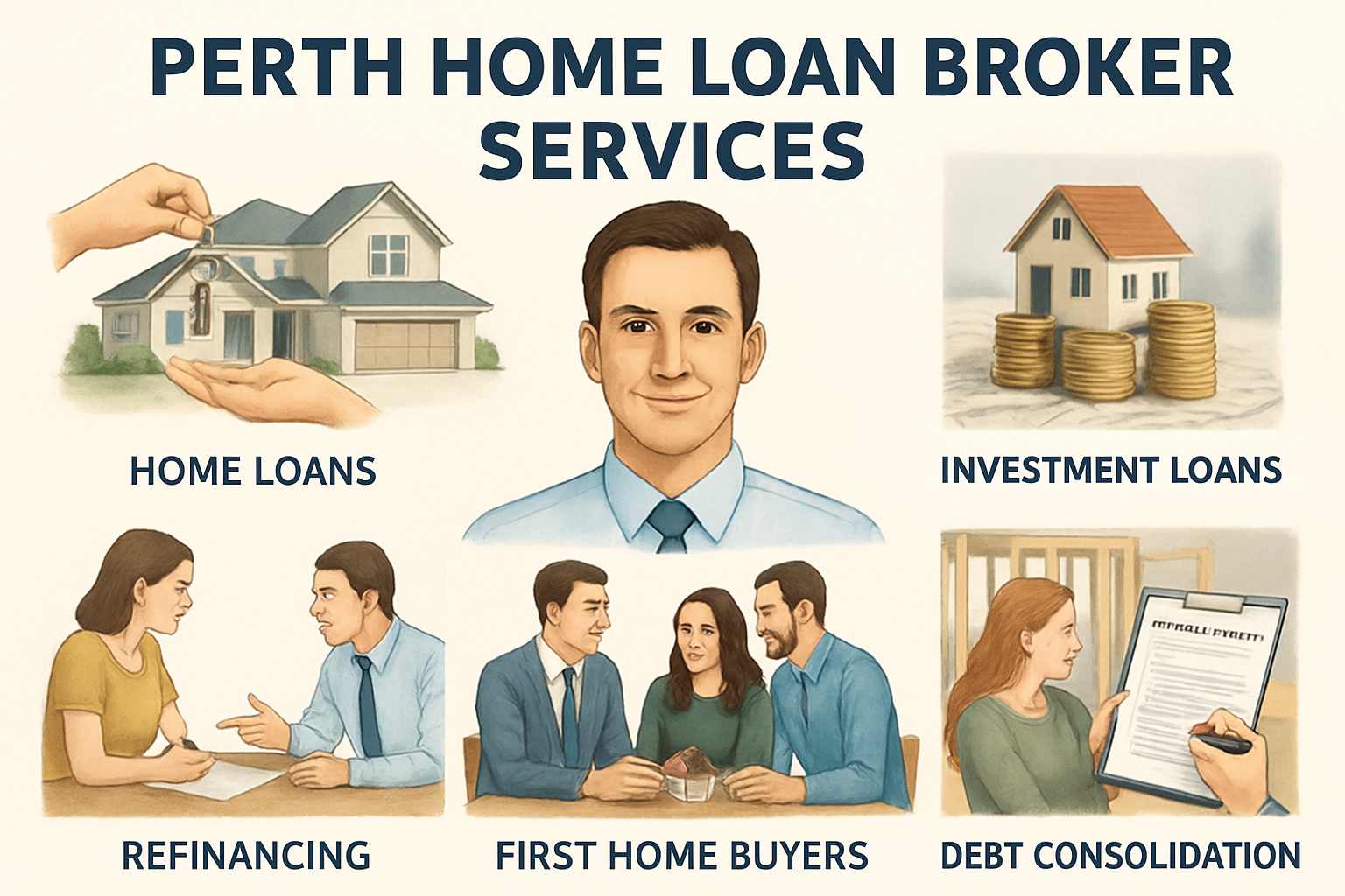 A helpful guide illustration showing various home loan services offered by Perth home loan brokers. Alt: perth home loan broker services guide.