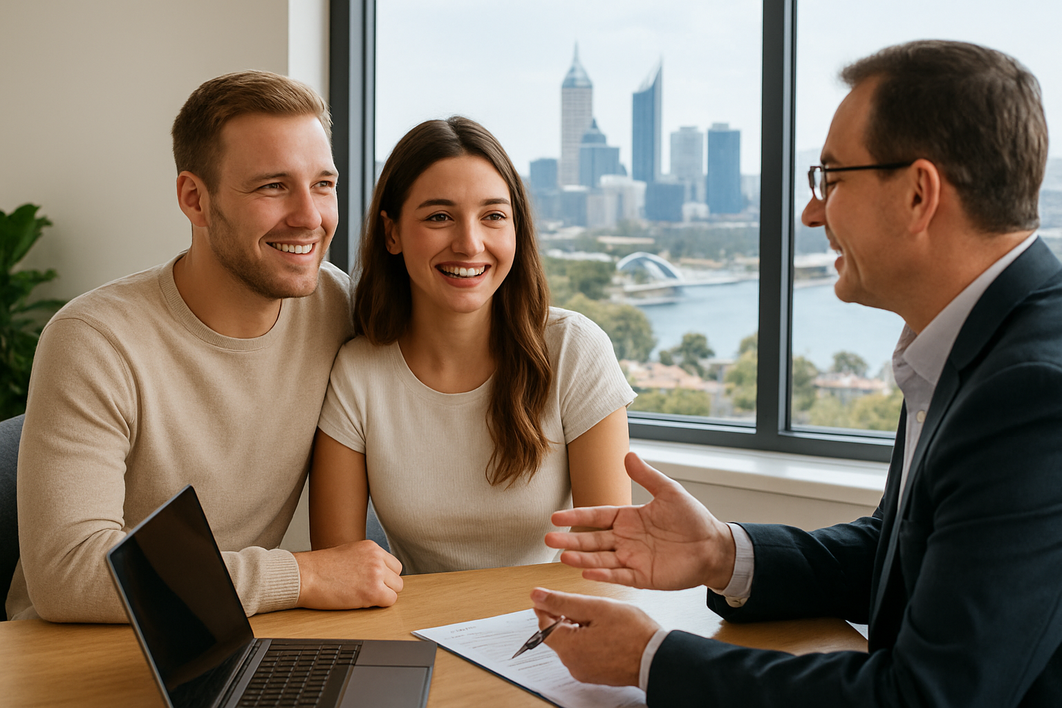 Happy young couple meeting with their Perth home loan broker. Alt: perth home loan broker consulting first home buyers.