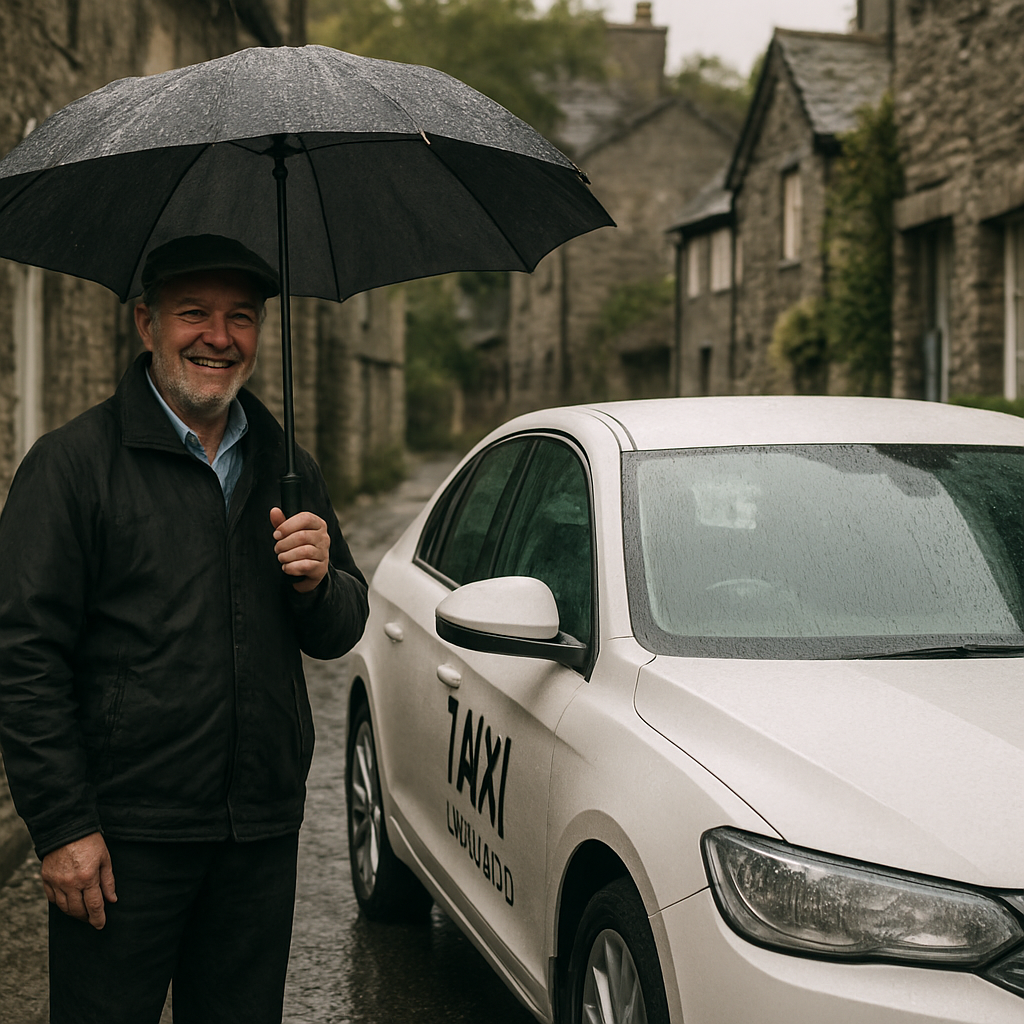 A friendly local taxi driver holding a rain‑slicked umbrella, standing beside a clean white car in a narrow Hawkshead lane. Alt: Hawkshead taxi service local driver with umbrella.