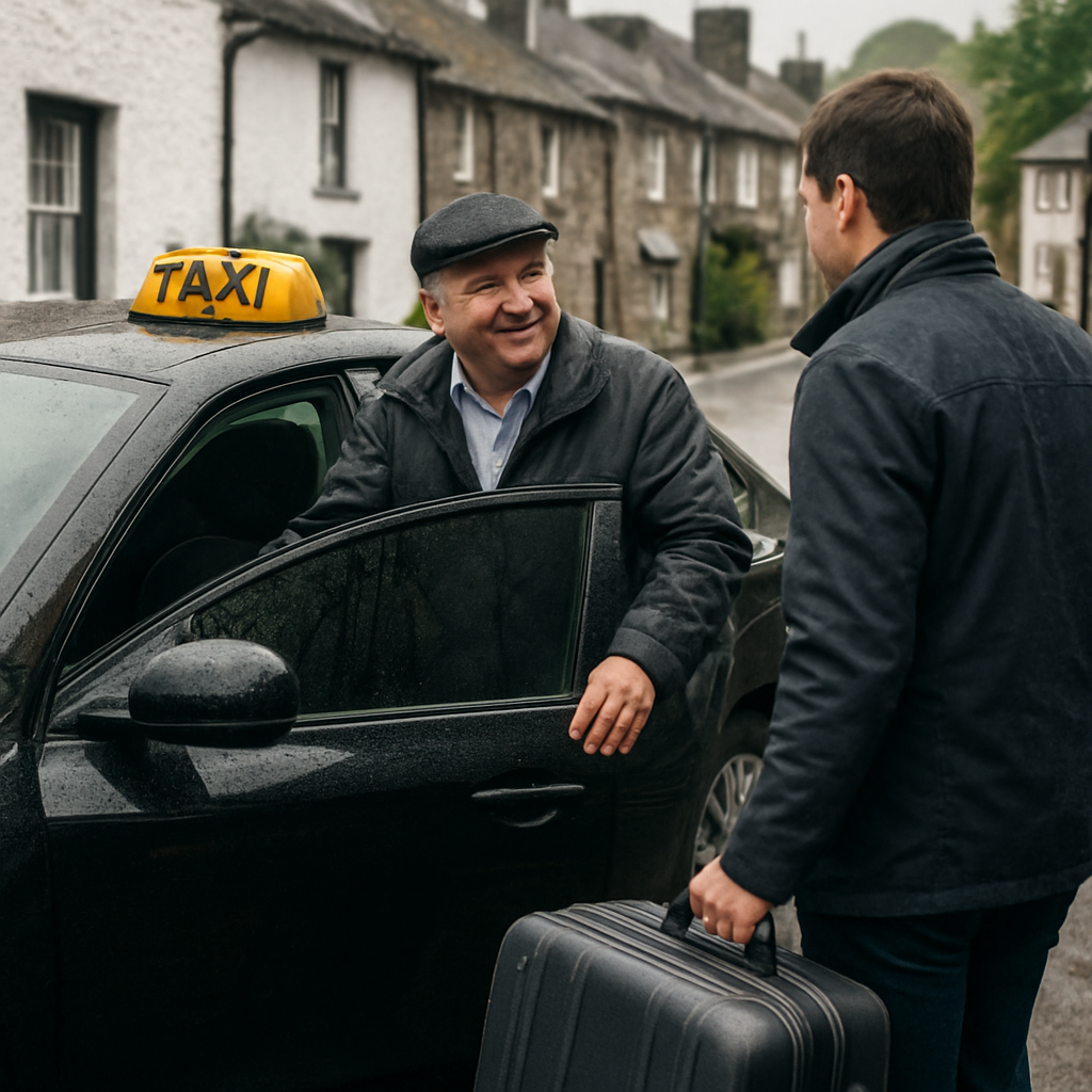 A friendly taxi driver opening the door for a passenger with luggage on a rainy Hawkshead street. Alt: Hawkshead taxi safe comfortable ride