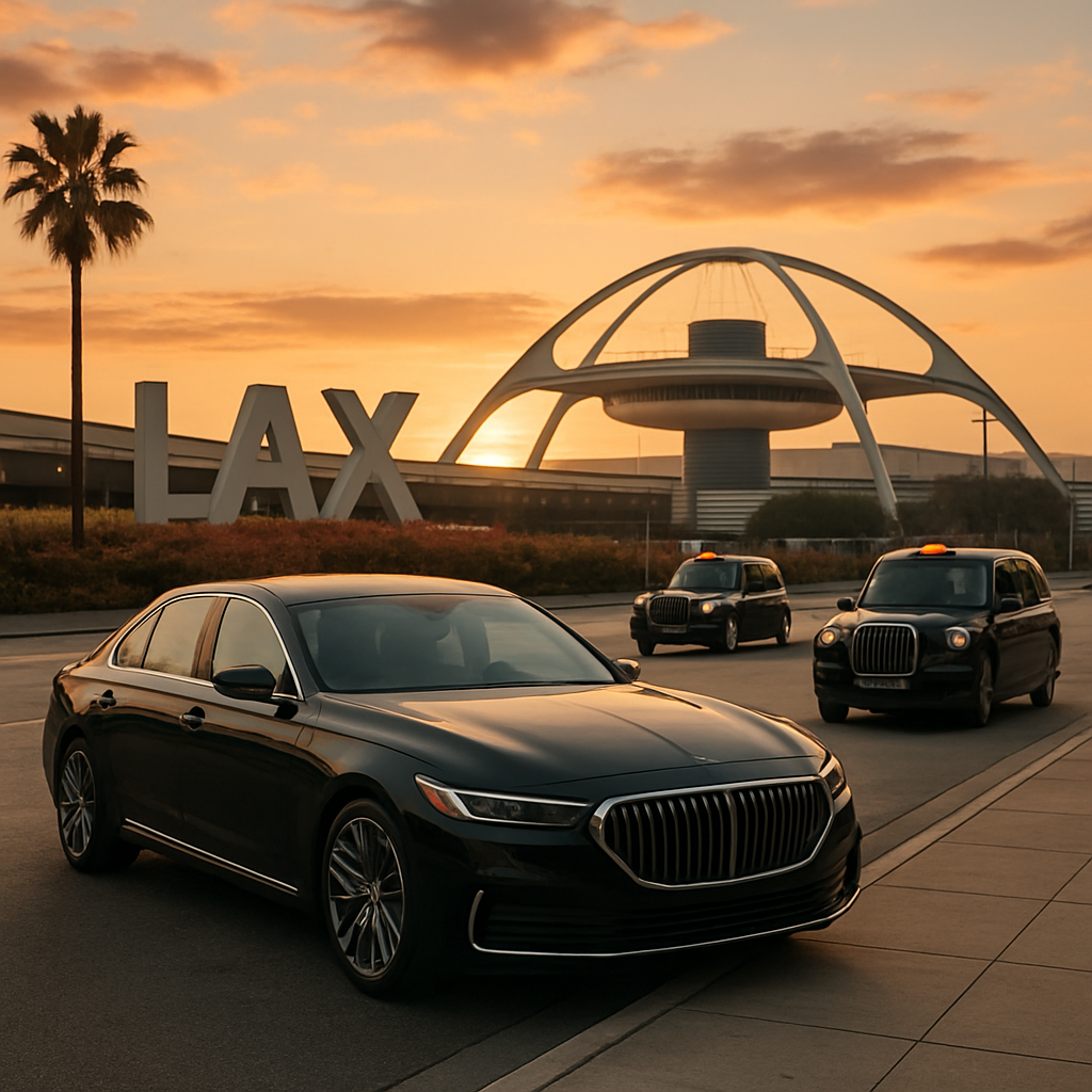 A scenic view of a luxury sedan parked near the Los Angeles International Airport at sunset, with the LAX terminal in the background. Alt: Luxury sedan at LAX airport.
