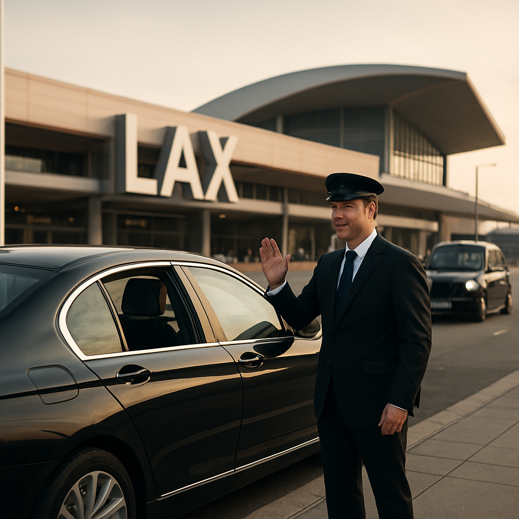 A chauffeur arriving in a luxury sedan at the LAX terminal, the driver waving, a calm early‑morning light illuminating the scene. Alt: Chauffeur service arriving at Los Angeles International Airport.