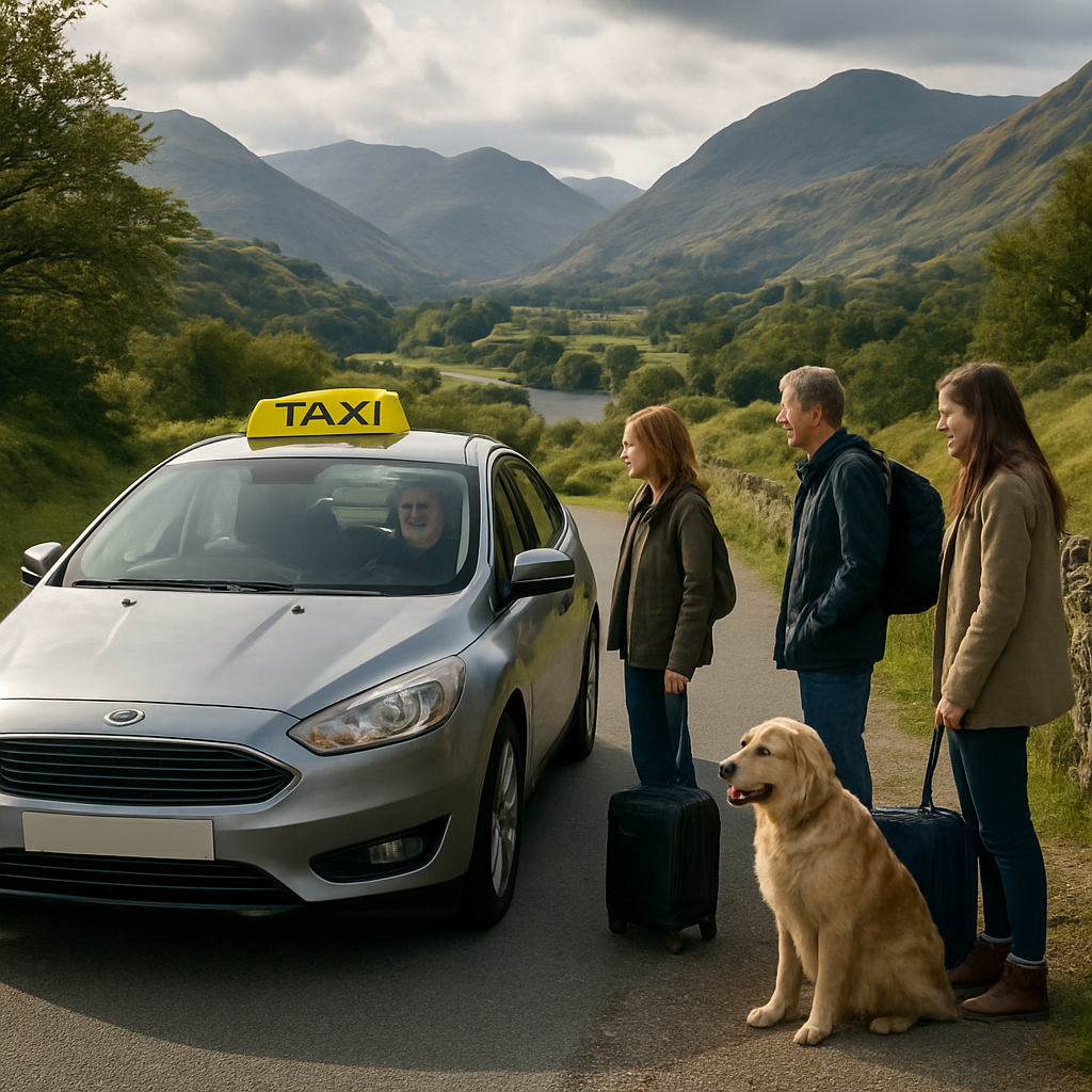 A scenic Lake District road with a friendly taxi pulling up, passengers with luggage and a dog waiting. Alt: Lake District taxi service scenic road.