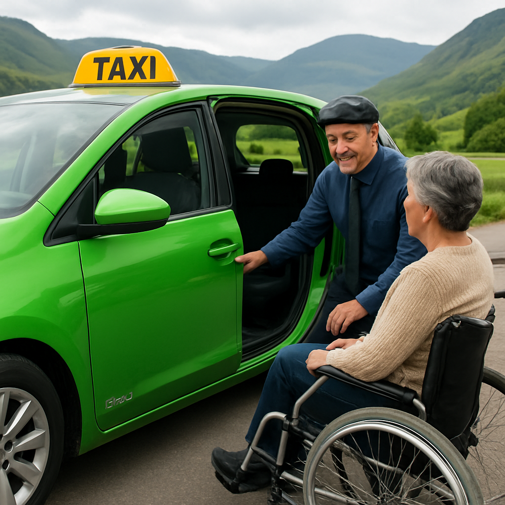 A friendly taxi driver in a bright green hybrid vehicle opening a low‑step door for a passenger with a wheelchair, with the Lake District hills in the background. Alt: Lake District taxi service wheelchair‑accessible vehicle safe boarding