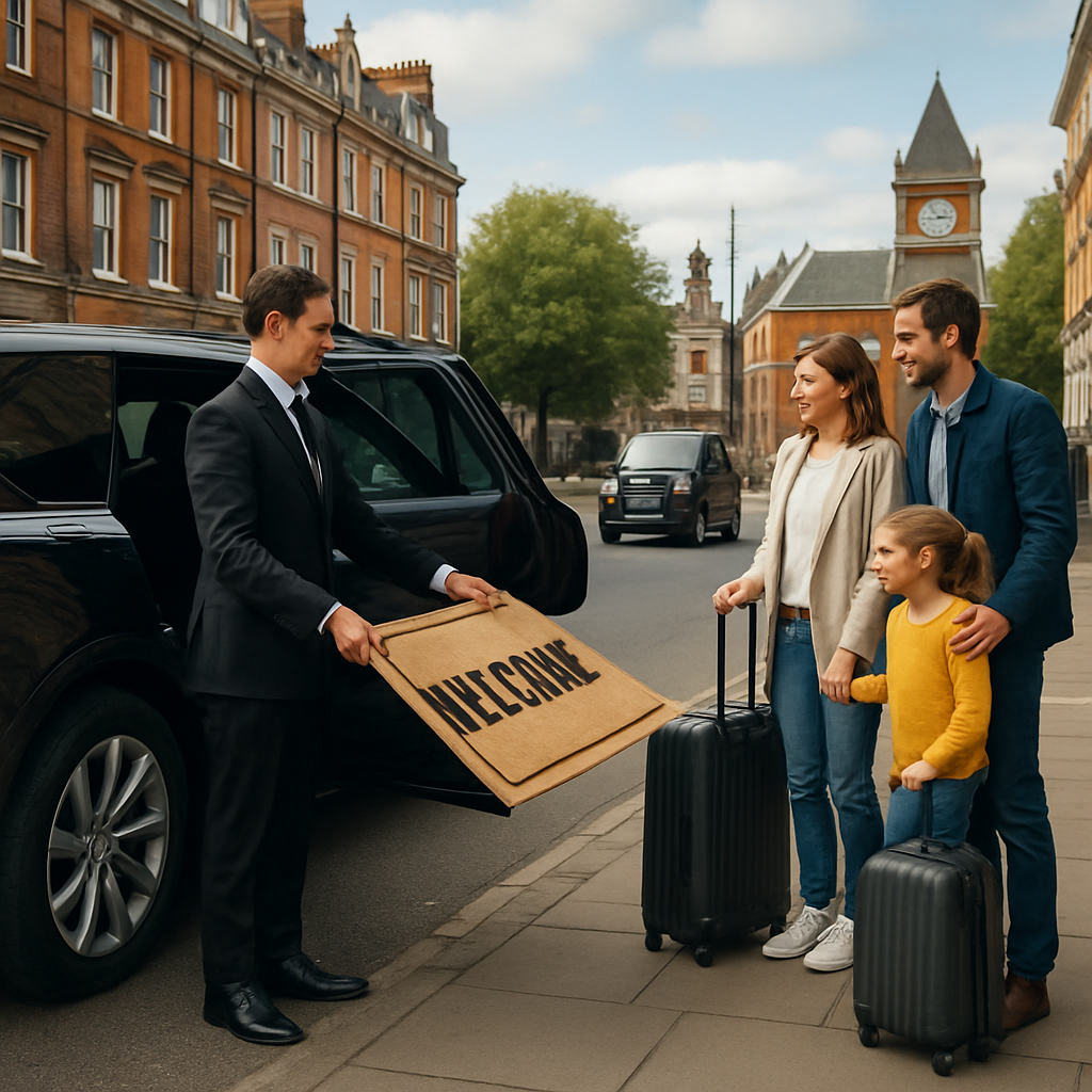 A photorealistic scene of a luxury SUV parked near LAX, with a driver extending a welcome mat toward a family with luggage, capturing a smooth transition to Disneyland, Alt: LAX to Disneyland car service in action.