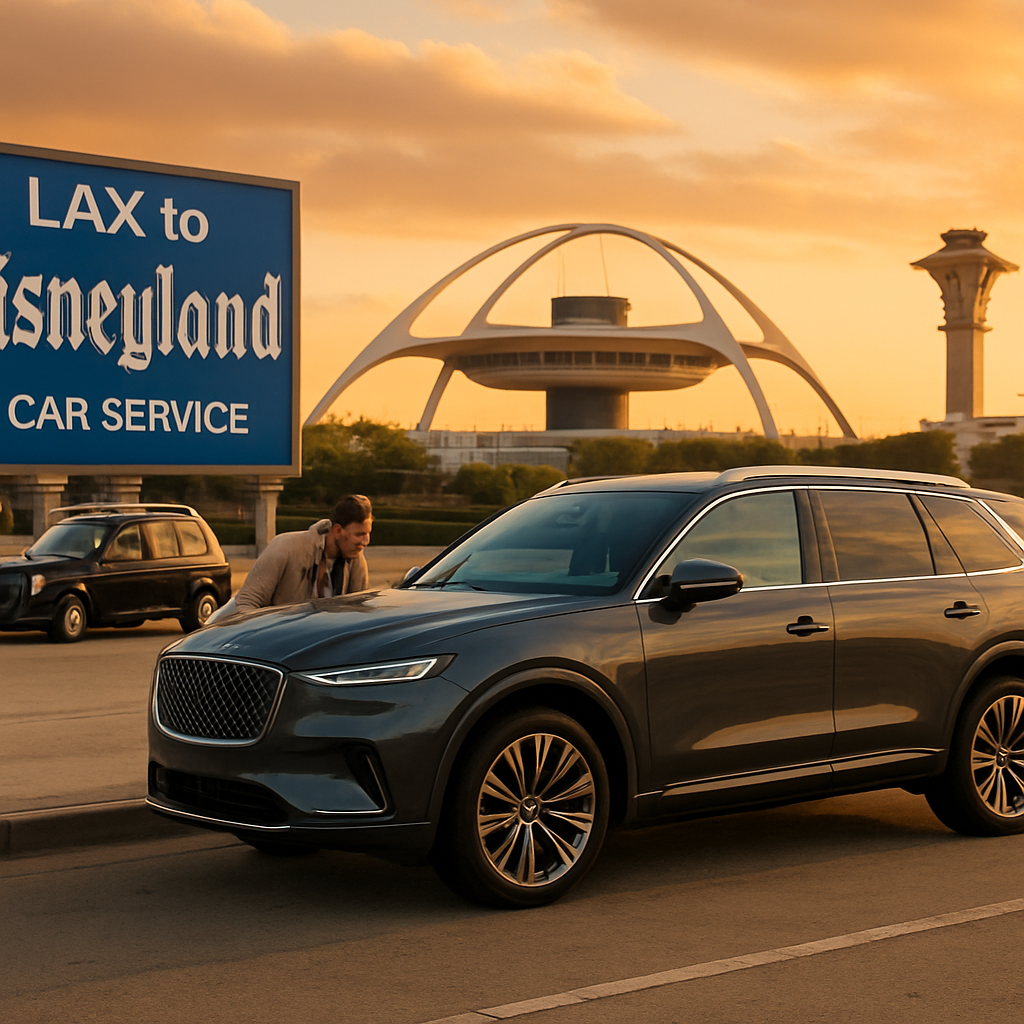 A photorealistic image of a sleek luxury SUV parked on the LAX apron with a Disney-themed welcome sign, sunset lighting, and a family loading luggage, Alt: LAX to Disneyland Car Service Ride.