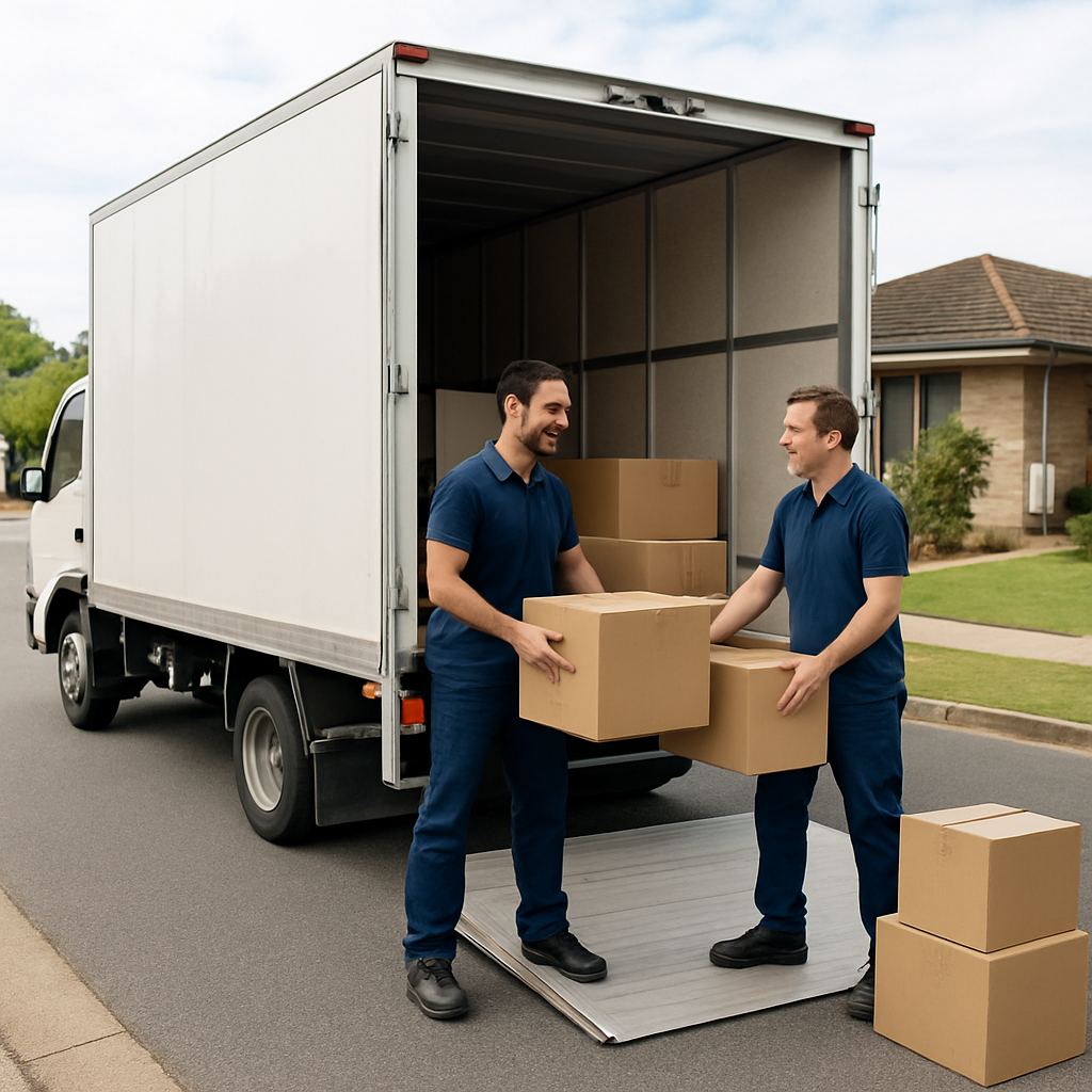 A friendly crew of two removalists loading a medium‑size truck in a quiet Rockingham street, with a hydraulic tail lift in the background. Alt: cost breakdown removalists rockingham wa
