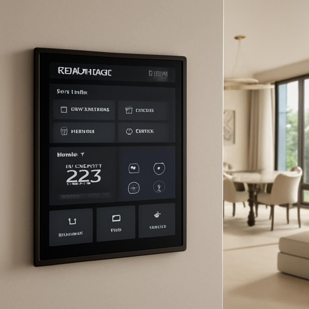 A modern Dubai villa interior with a smart control panel displayed on a wall, showcasing integrated lighting and climate controls. Alt: Smart home dashboard in Dubai villa interior